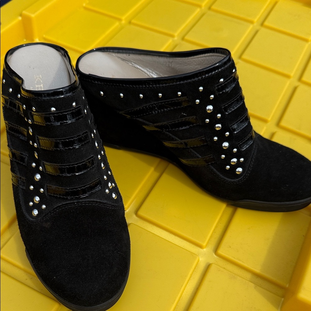 Black Studded Women’s Wedge Mules